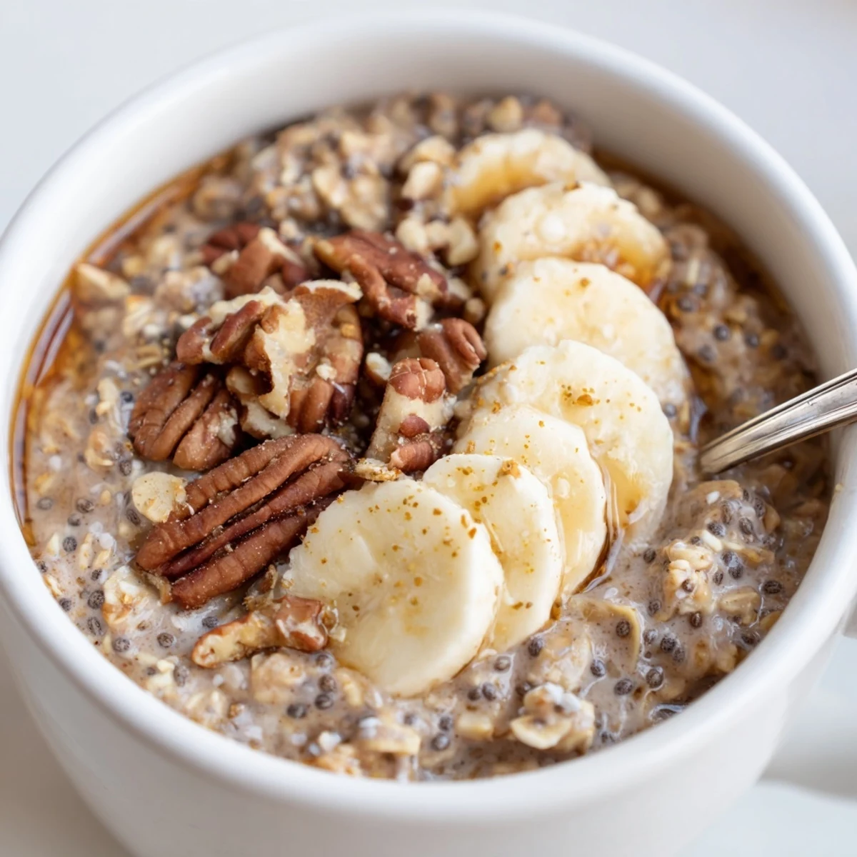 Brown Sugar Coffee Overnight Oats topped with sliced banana and toasted pecans.