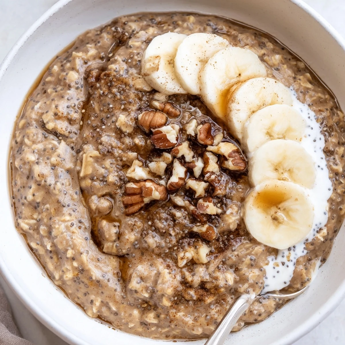 Make-ahead Brown Sugar Coffee Overnight Oats in mason jar, ready chilled for breakfast.