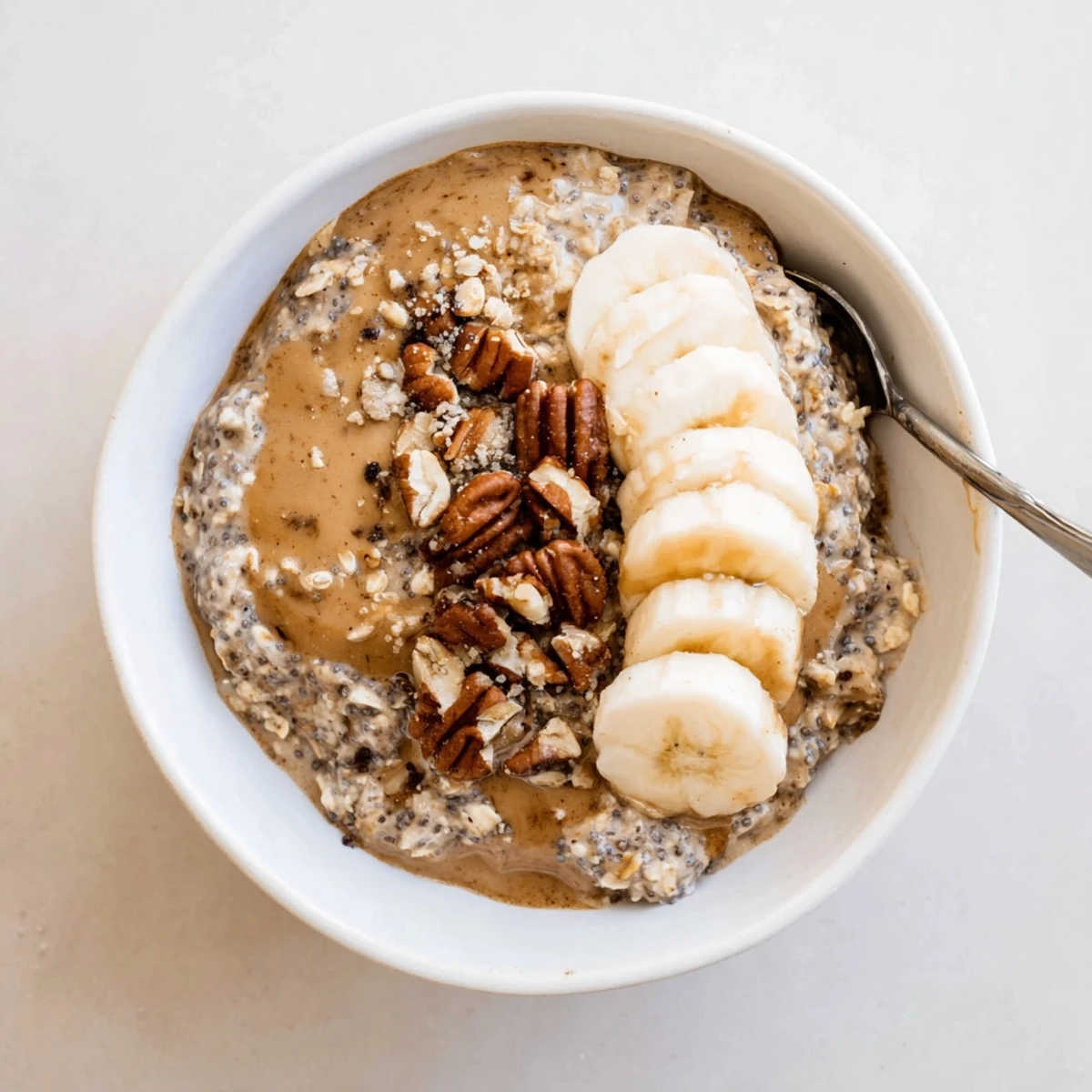 Chilled Brown Sugar Coffee Overnight Oats with creamy texture and maple drizzle.