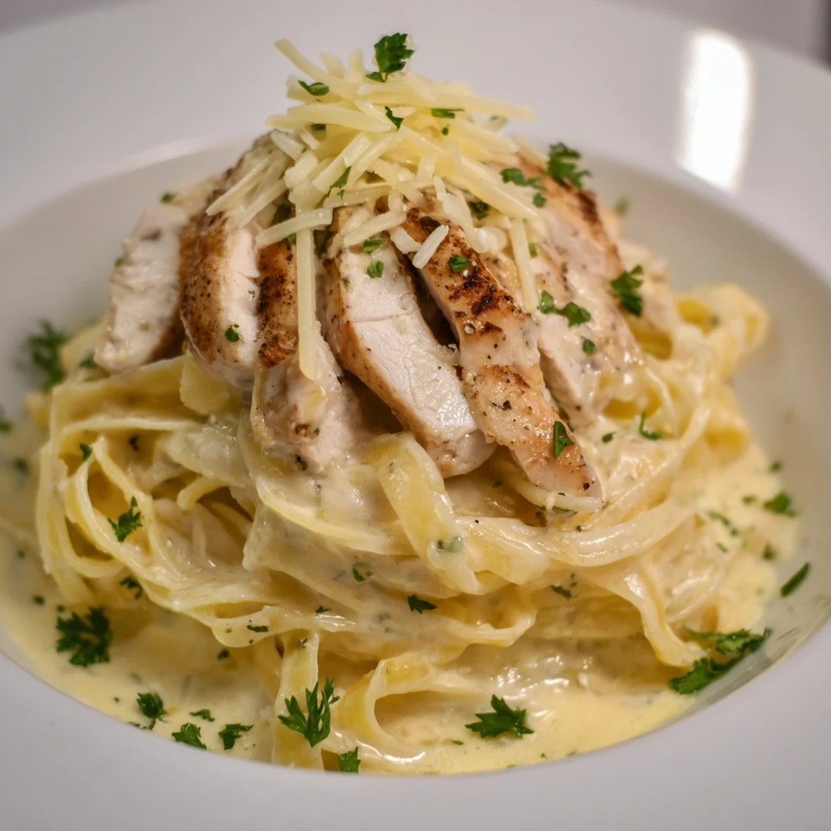 Creamy Garlic Chicken Pasta plated with parsley and melted Parmesan, steam rising.