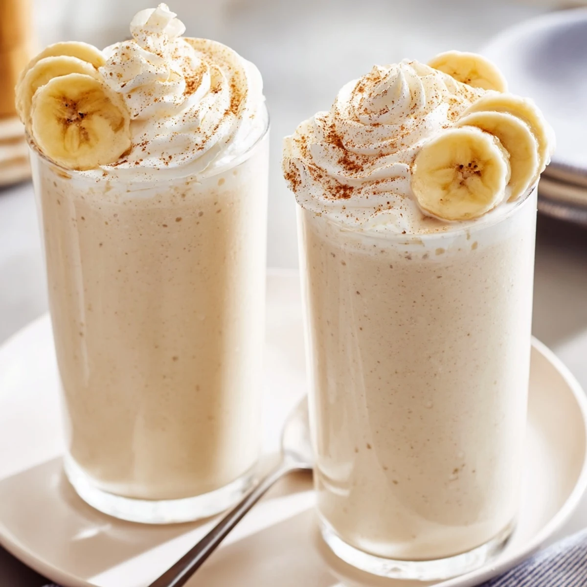 Creamy Vanilla Banana Shake in chilled glass, frothy top, cinnamon sprinkle