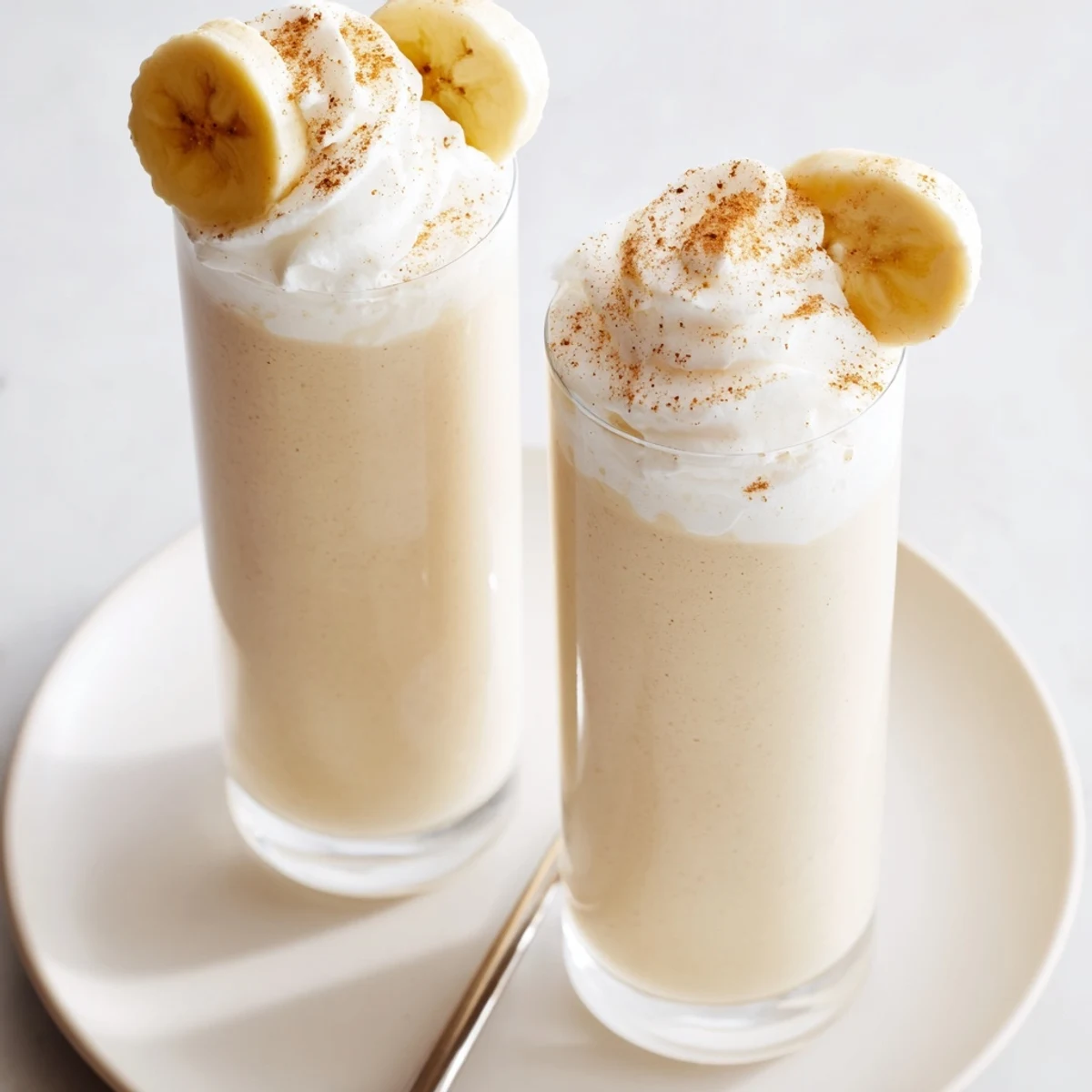 Silky Vanilla Banana Shake blended with ice, banana slices garnish, ready to sip