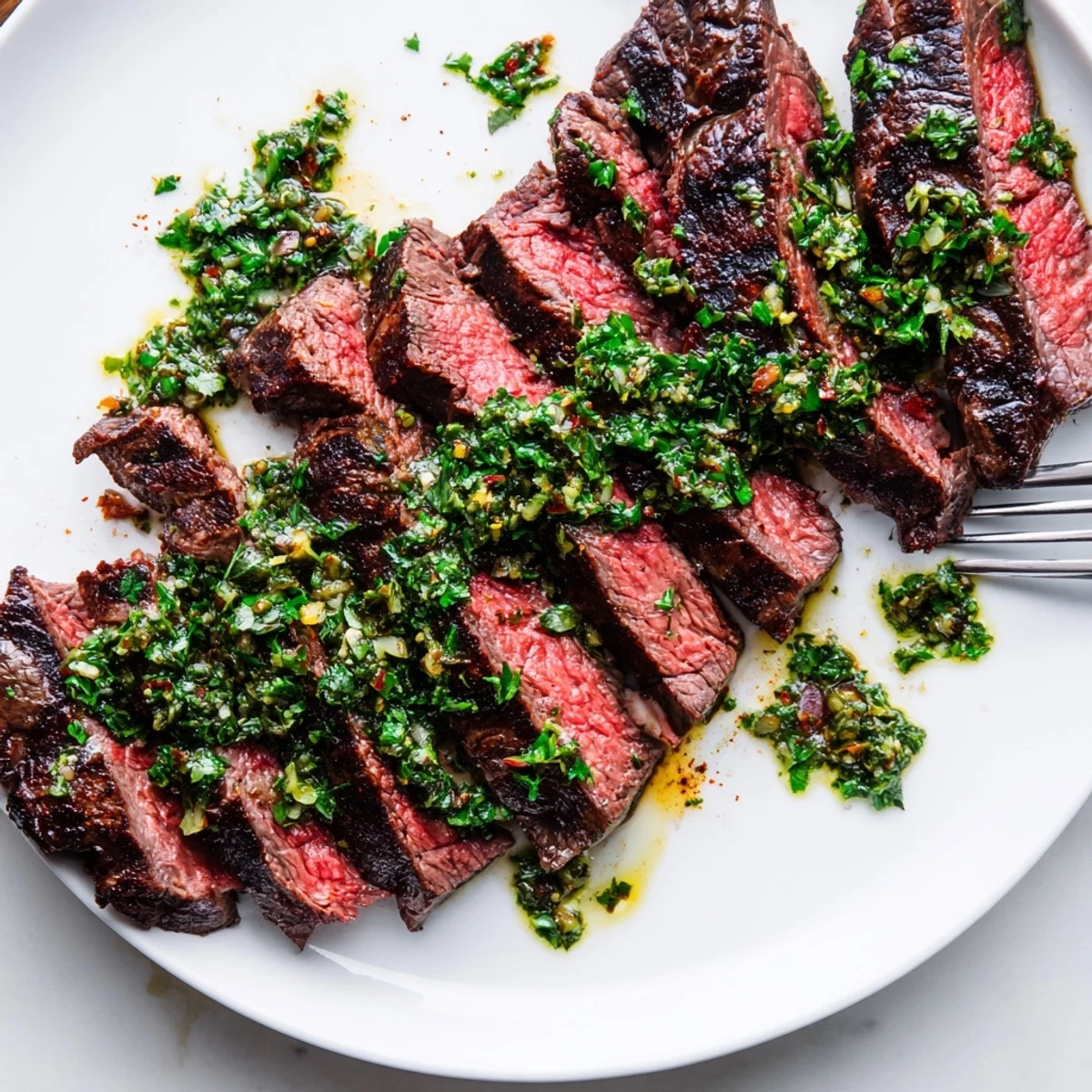 Chimichurri Steak Recipe: sliced grilled ribeye topped with bright herb sauce