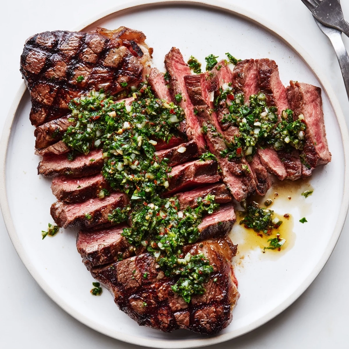 Grilled Chimichurri Steak Recipe served on platter, juicy slices, zesty aroma