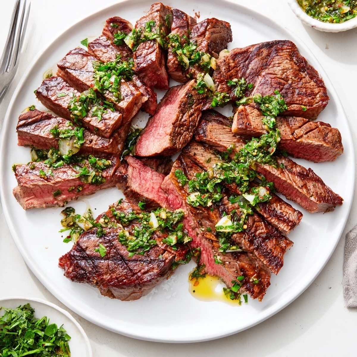 Cast-iron seared Chimichurri Steak Recipe with vibrant green sauce, lemony tang