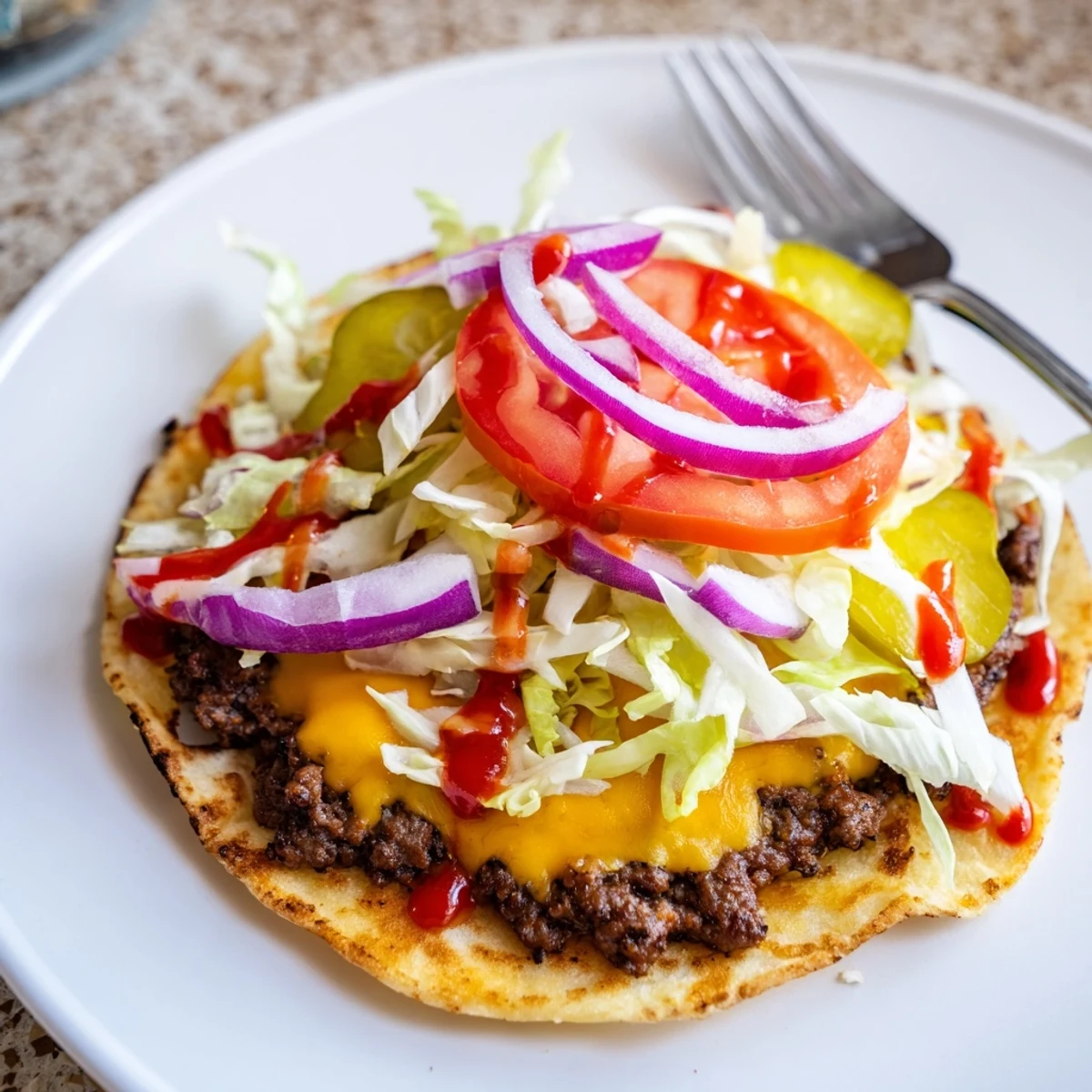 Smash Burger Tacos piled with melted cheddar, crispy edges, fresh tomato.