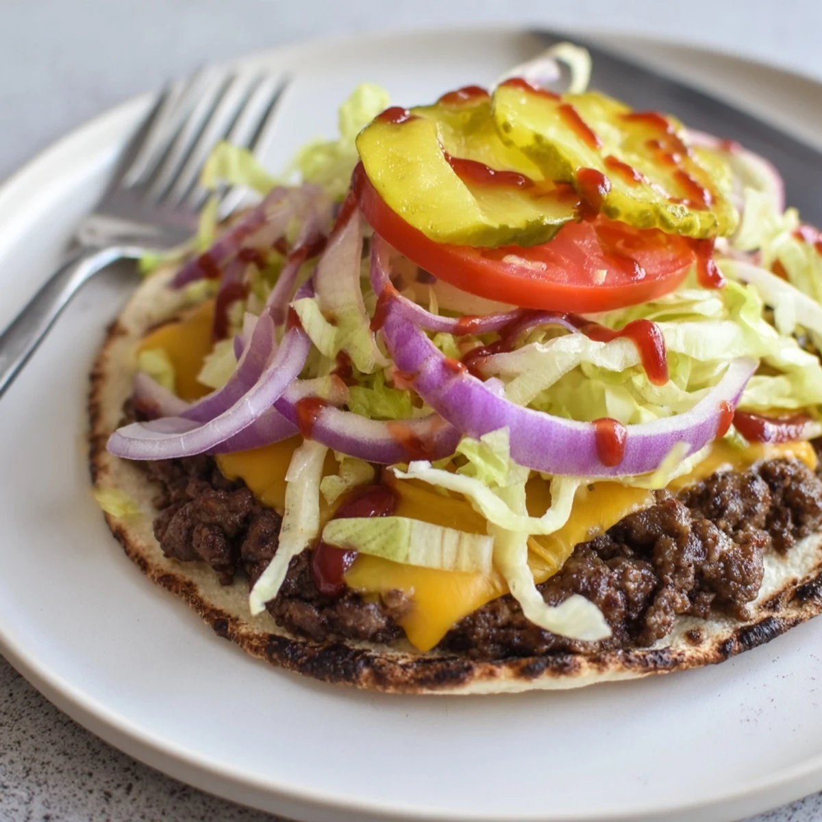 Cast iron–seared Smash Burger Tacos topped with crunchy lettuce and pickles.