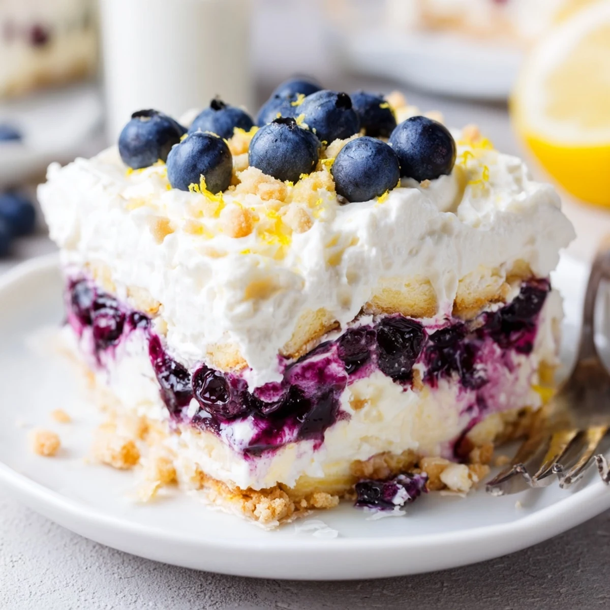 Lemon Blueberry Lasagna Recipe with creamy lemon layers and glossy blueberry topping.