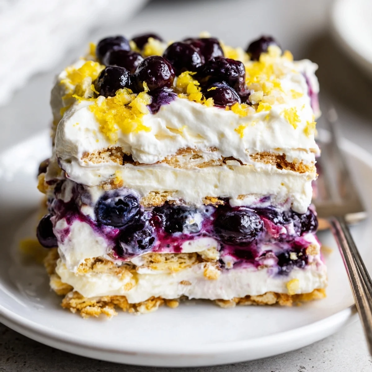 Spoon-ready dessert with buttery cookie crust and tangy-sweet layers: Lemon Blueberry Lasagna Recipe