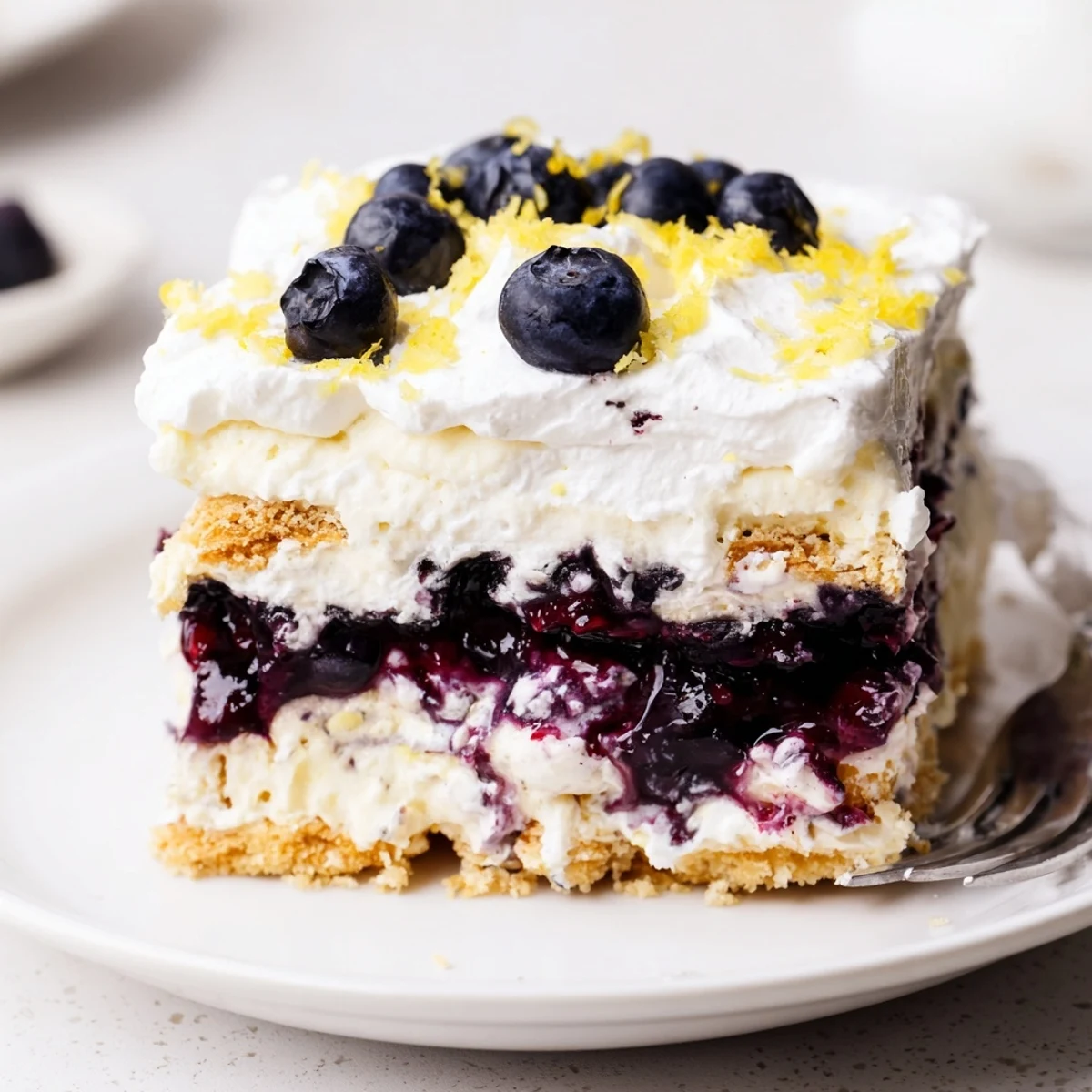 A pan of Lemon Blueberry Lasagna Recipe shows layered lemon cream and bursting blueberries.
