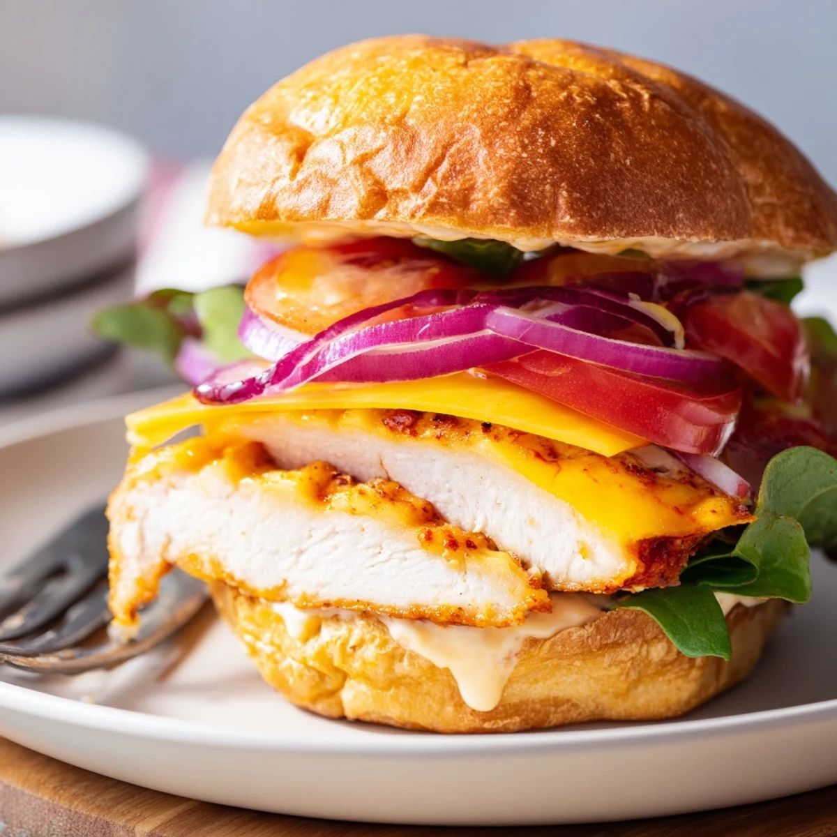 Spicy Chicken Sandwich With Creamy Sauce, juicy grilled chicken and tangy drizzle