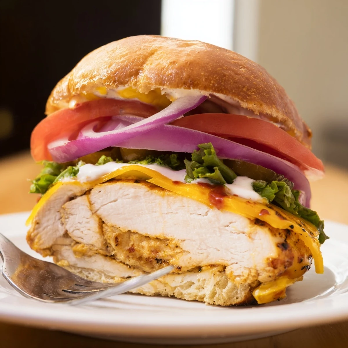 Warm Spicy Chicken Sandwich With Creamy Sauce on a toasted bun, crisp lettuce