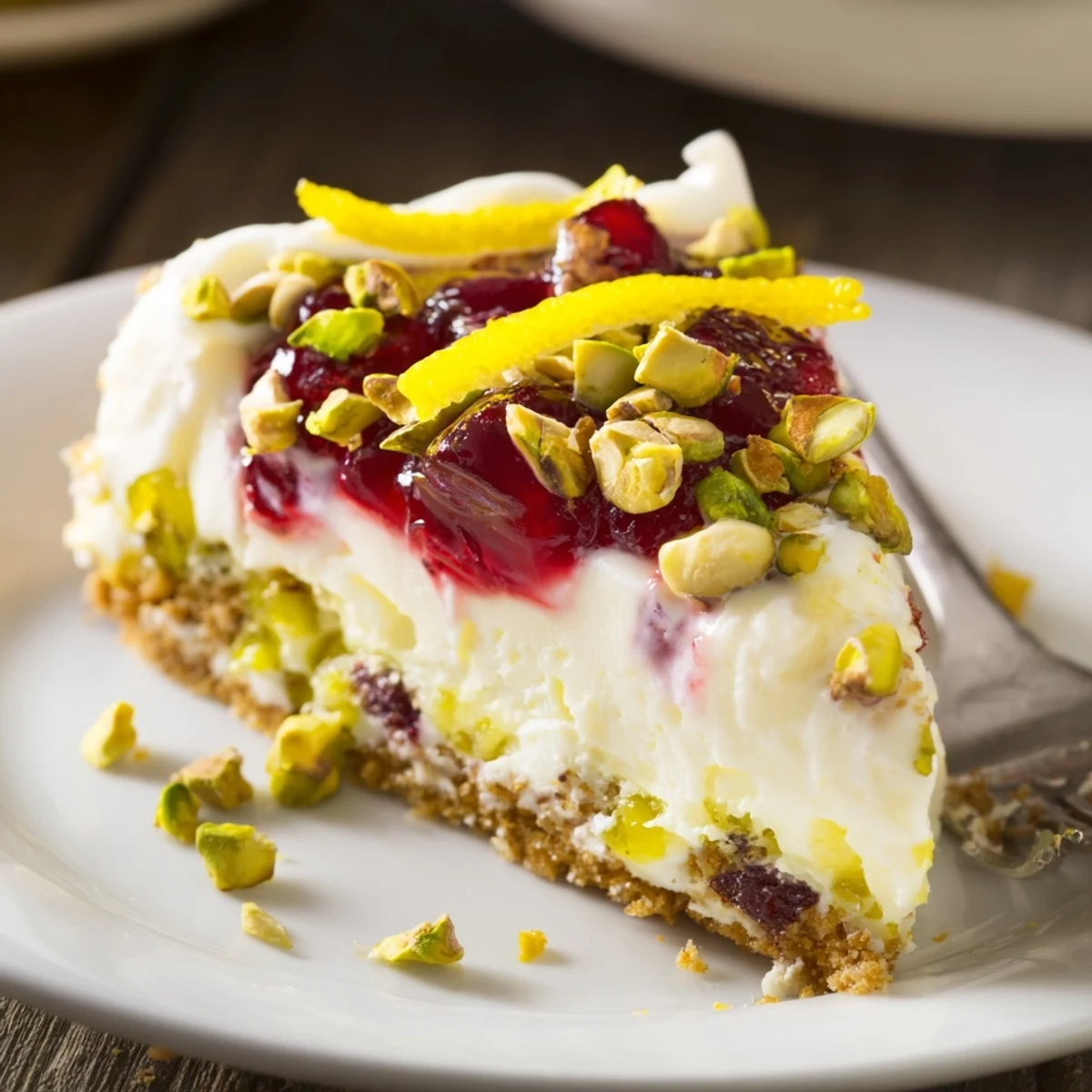Lemon Lime Cherry Pistachio Cheesecake topped with glossy cherries and crushed pistachios.