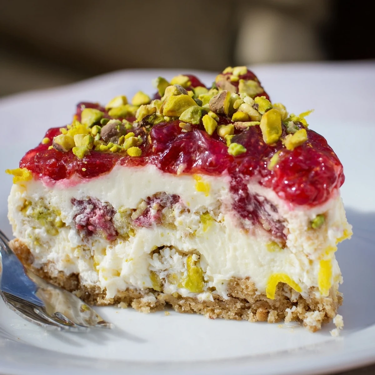 Creamy Lemon Lime Cherry Pistachio Cheesecake slice garnished with zesty citrus and pistachios.