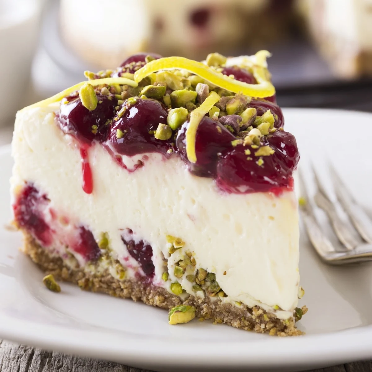 Slice of Lemon Lime Cherry Pistachio Cheesecake on buttery graham crust, cherries glistening.