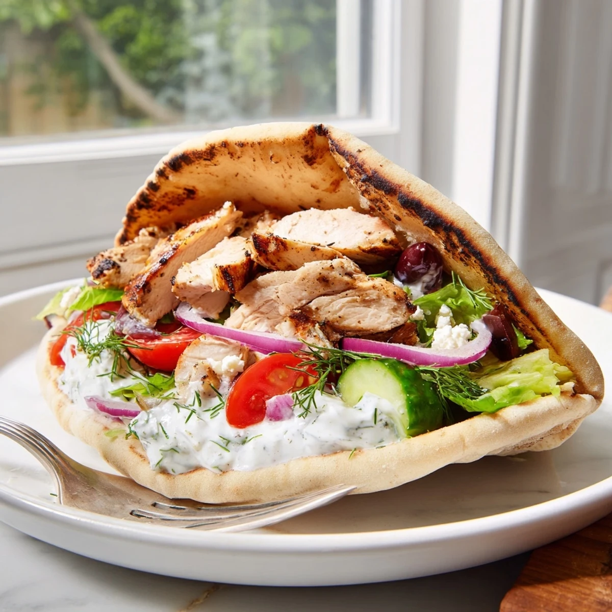 Warm Mediterranean Chicken Pita Wraps layered with crisp cucumber, juicy tomatoes, feta