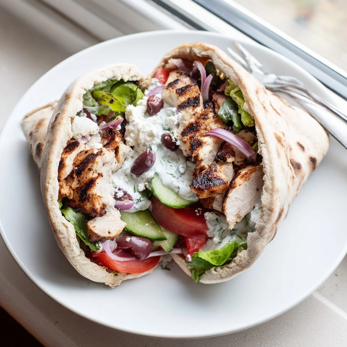 Mediterranean Chicken Pita Wraps with charred grilled chicken, creamy yogurt sauce, vibrant vegetables