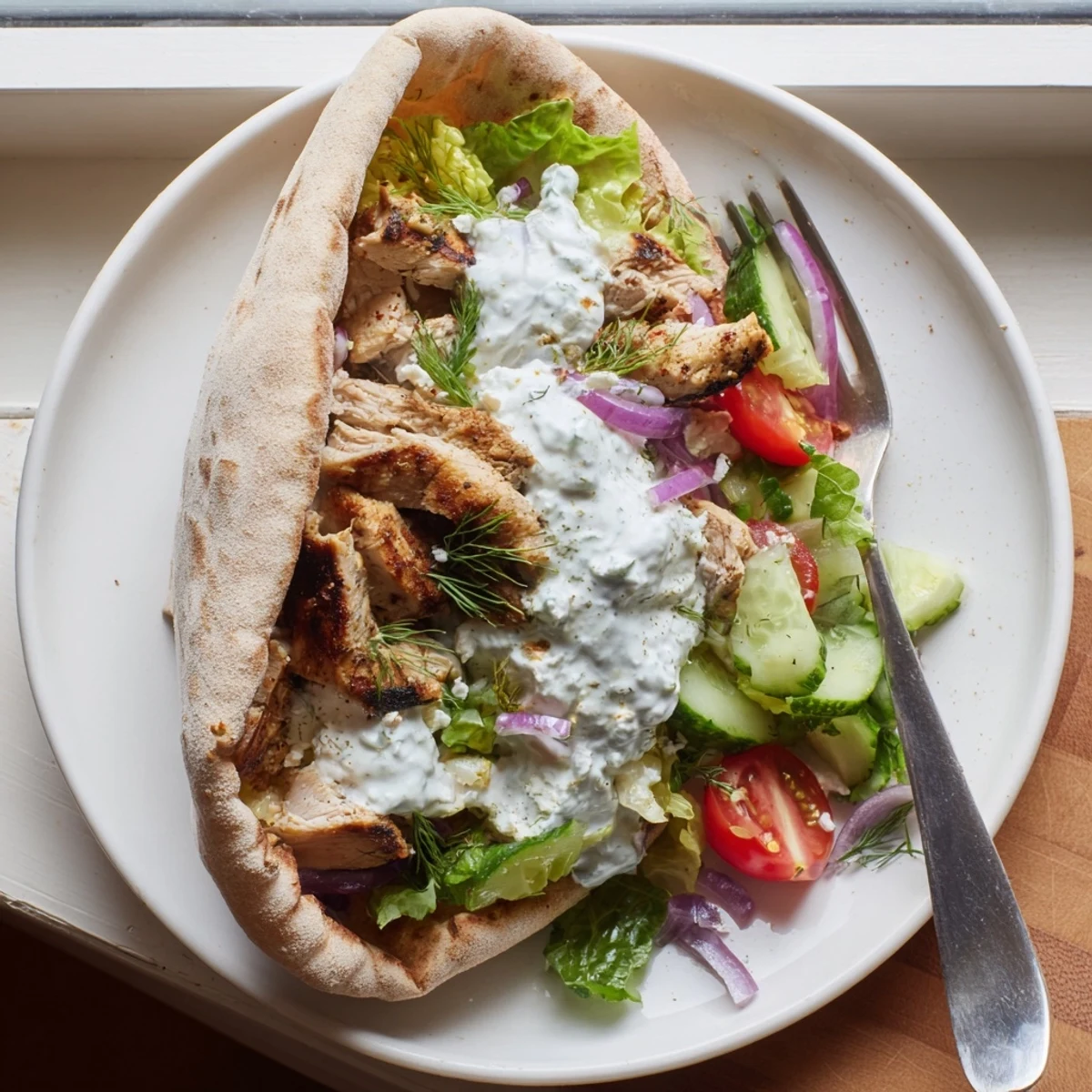 Seared Mediterranean Chicken Pita Wraps folded tight, tangy yogurt drizzled, ready to eat