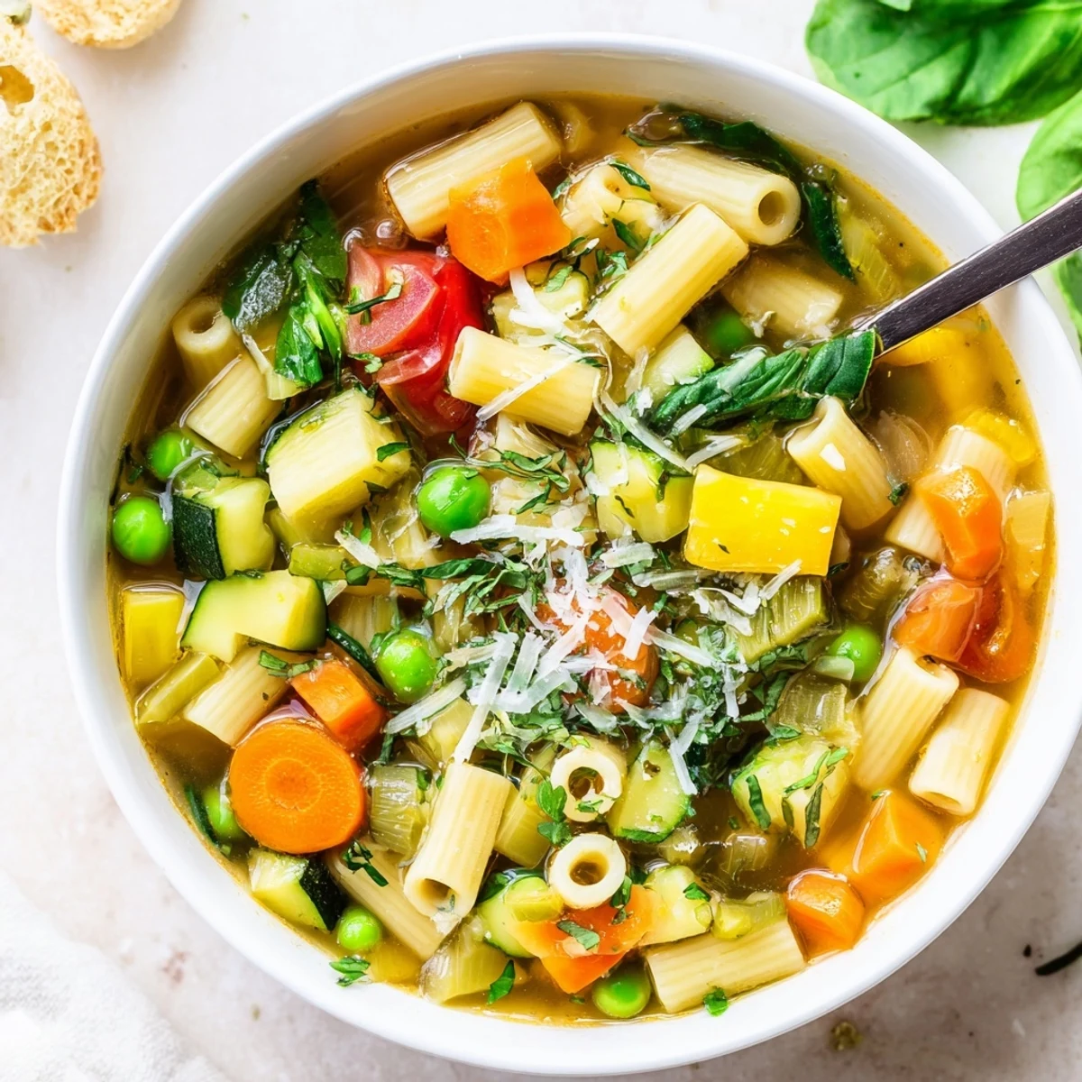 Bowl of Spring Minestrone Soup Recipe with al dente pasta, Parmesan drizzle  