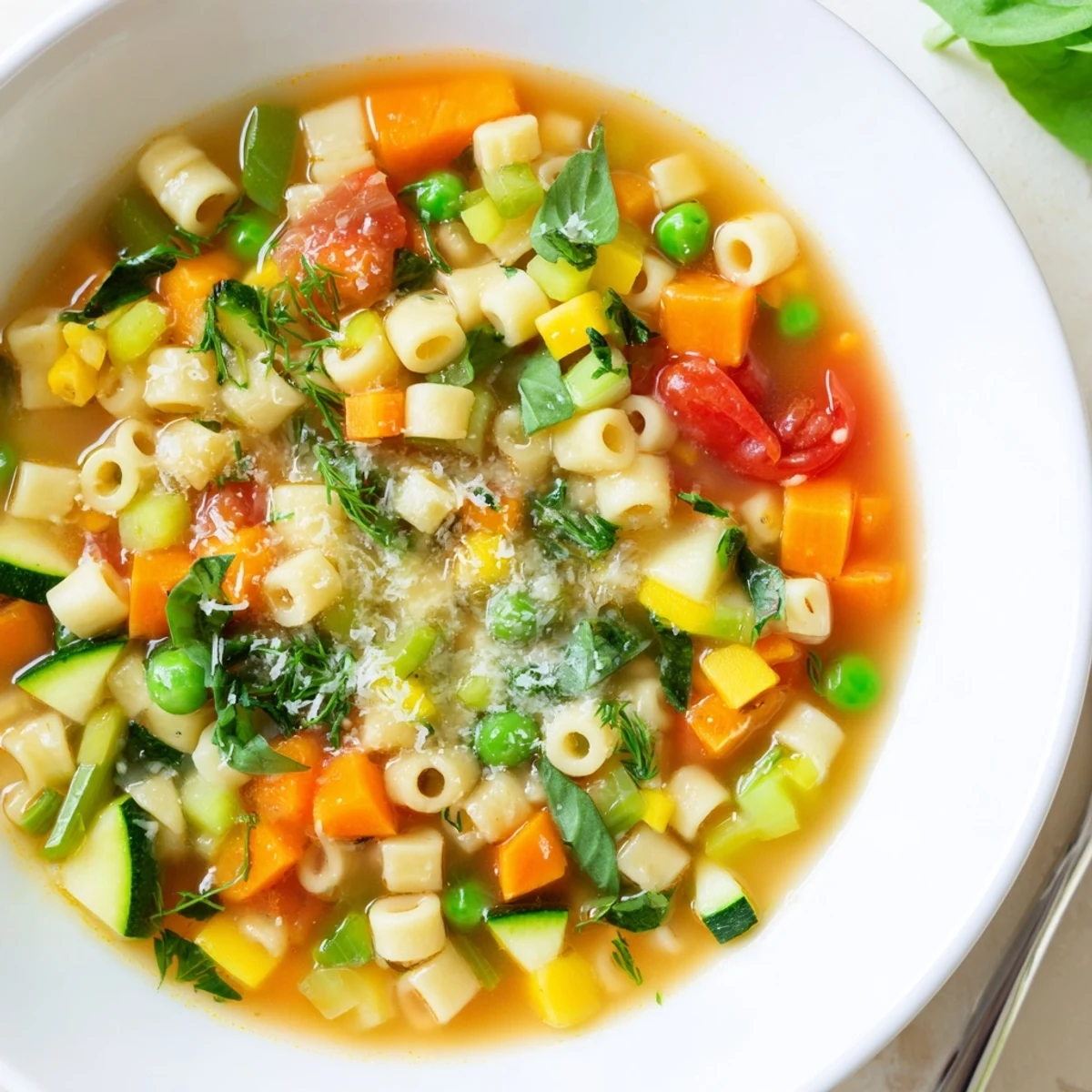 Steam rising over Spring Minestrone Soup Recipe, bright vegetables and basil  