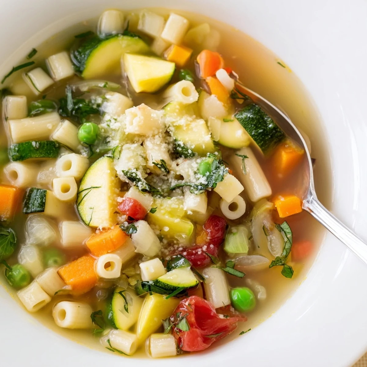 Wooden spoon stirring Spring Minestrone Soup Recipe packed with peas, spinach