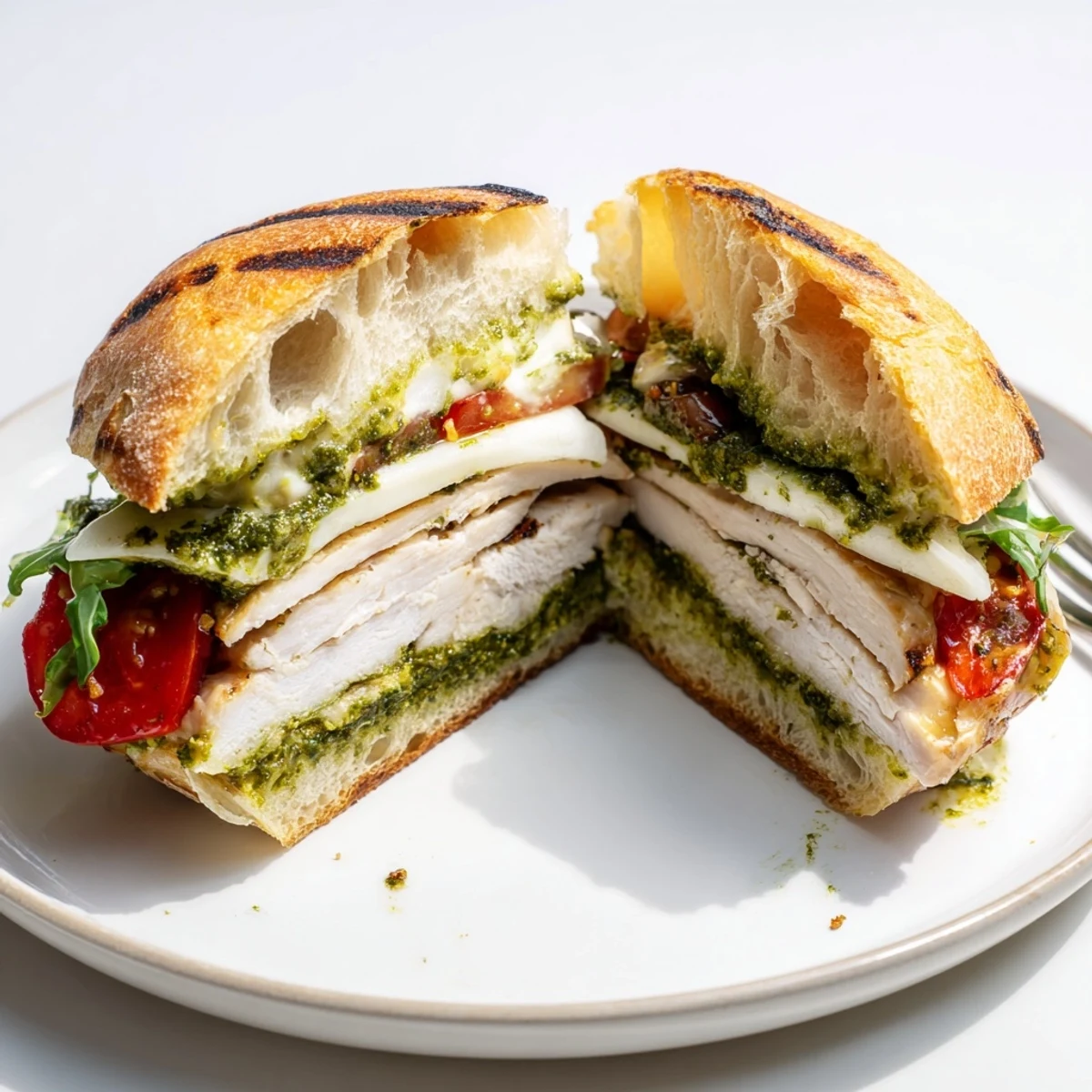 Warm Chicken Pesto Sandwich Recipe on toasted ciabatta, basil aroma and arugula