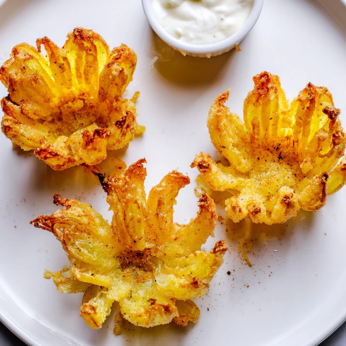 Crispy Mini Bloomin Onions Recipe arranged on platter, golden, steaming, ready for dipping.