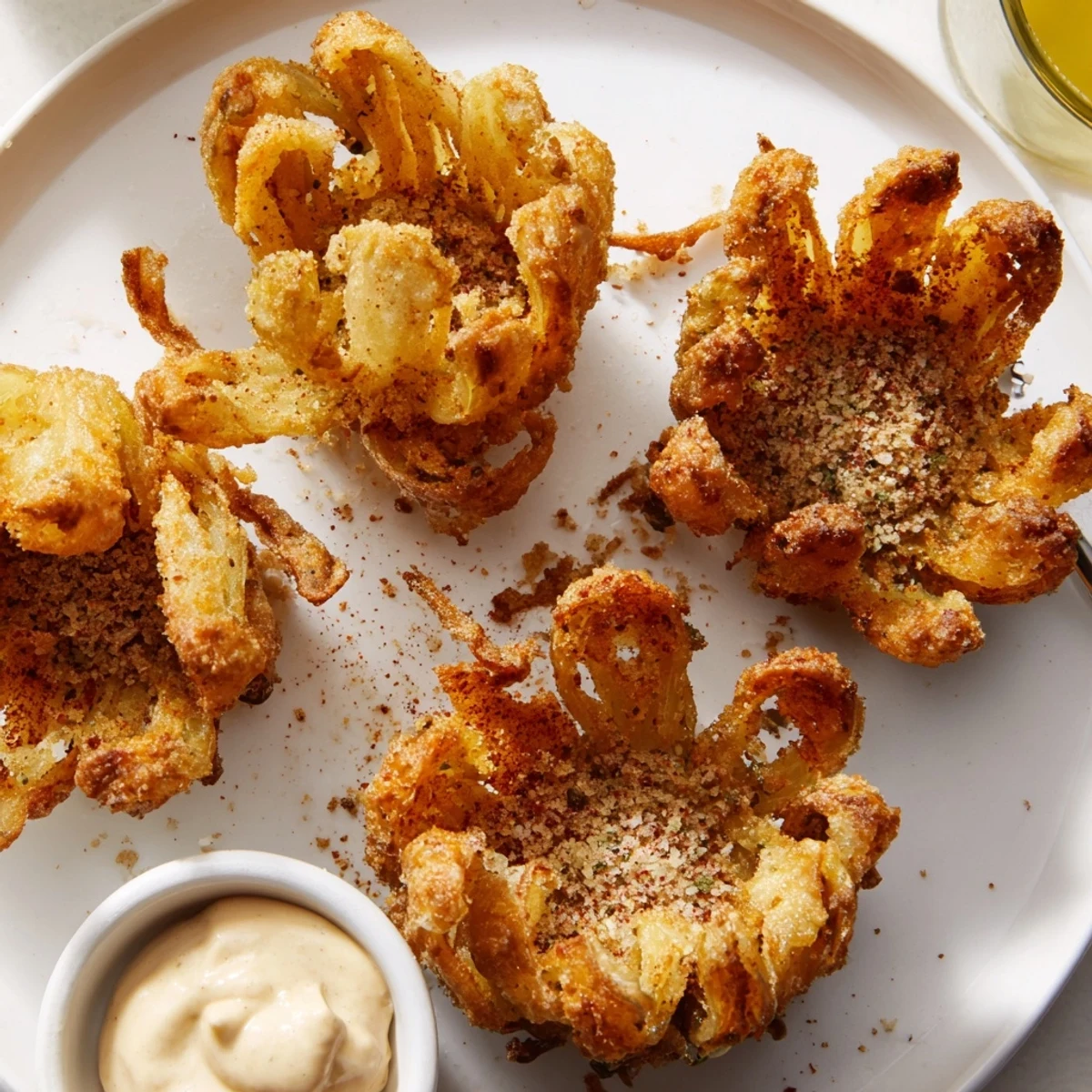 A platter of Crispy Mini Bloomin Onions Recipe showcases golden, crisp, ready-to-share bites.