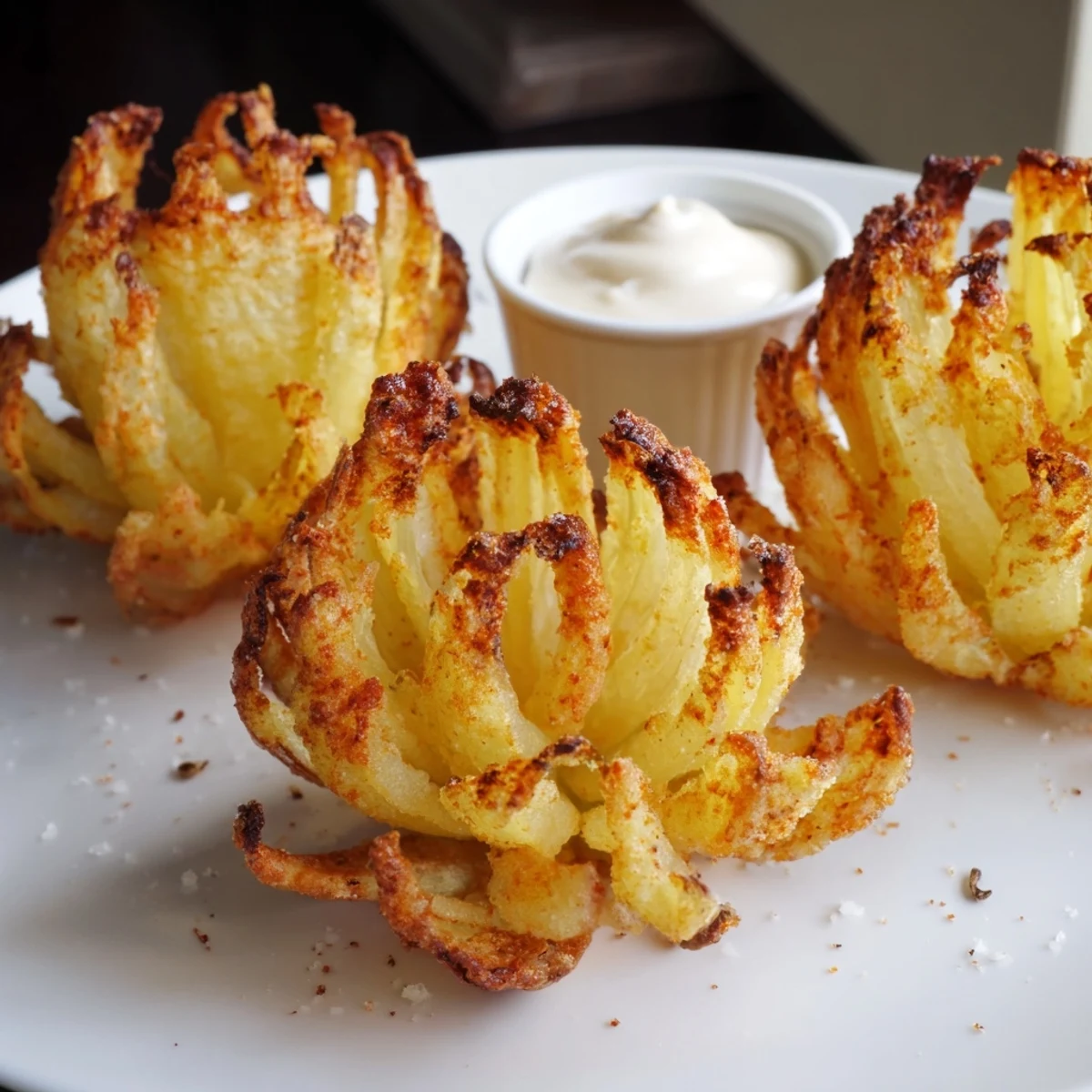 Handheld Crispy Mini Bloomin Onions Recipe, crunchy edges, light salty seasoning, ideal for sharing.