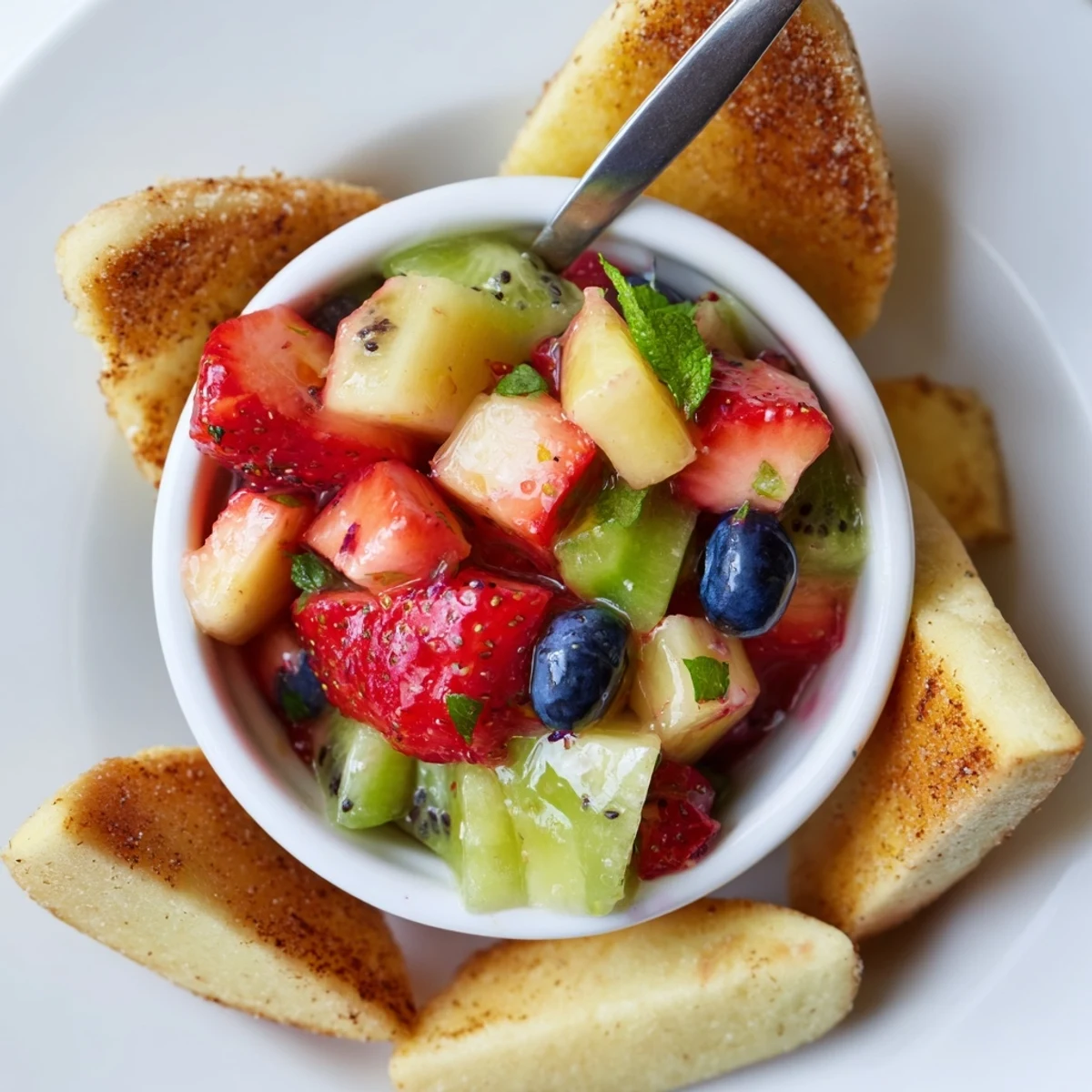 Fruit Salsa With Cinnamon Sugar Tortilla Chips displayed in bowl, chilled and colorful