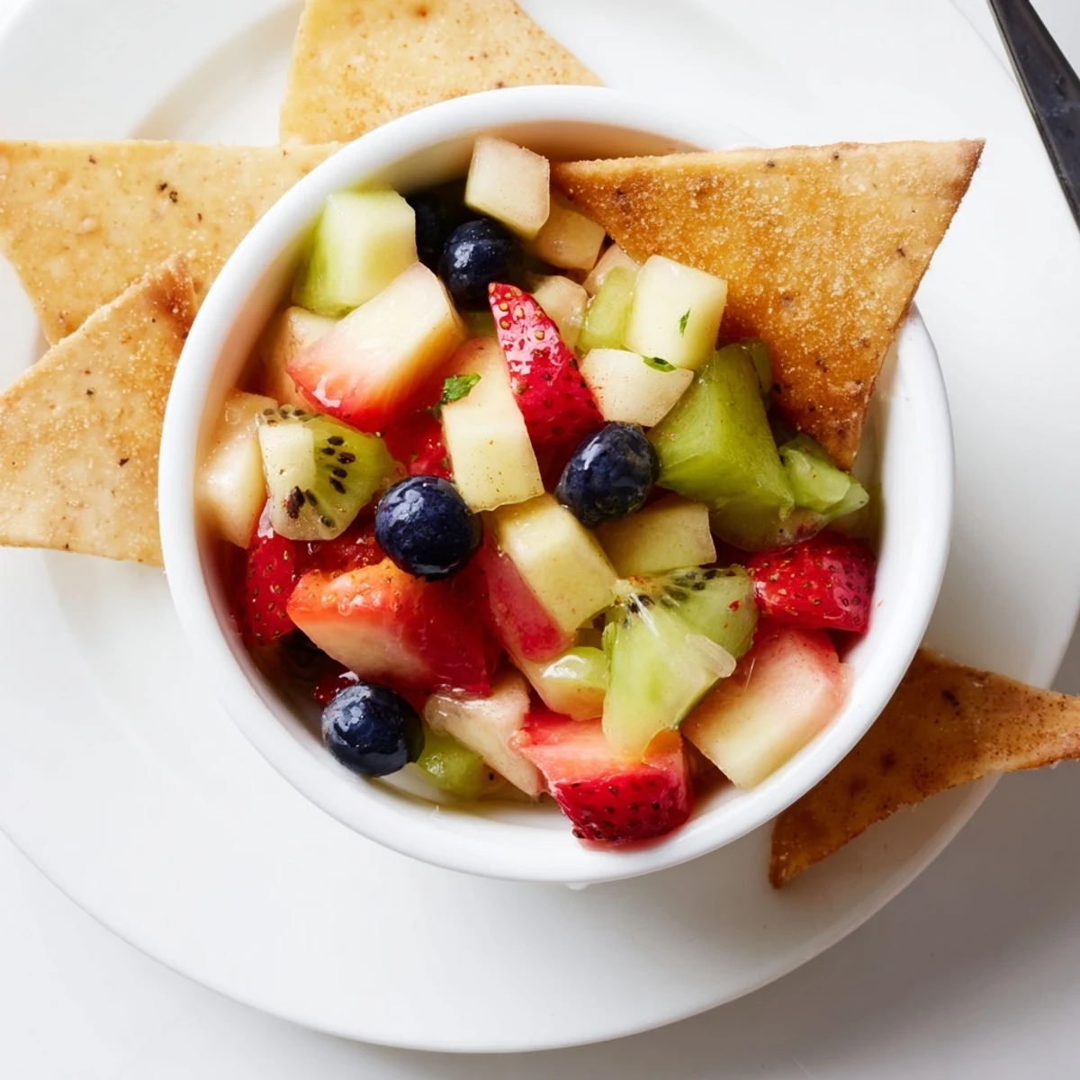 Crispy sugar coated wedges circling Fruit Salsa With Cinnamon Sugar Tortilla Chips, vibrant colors