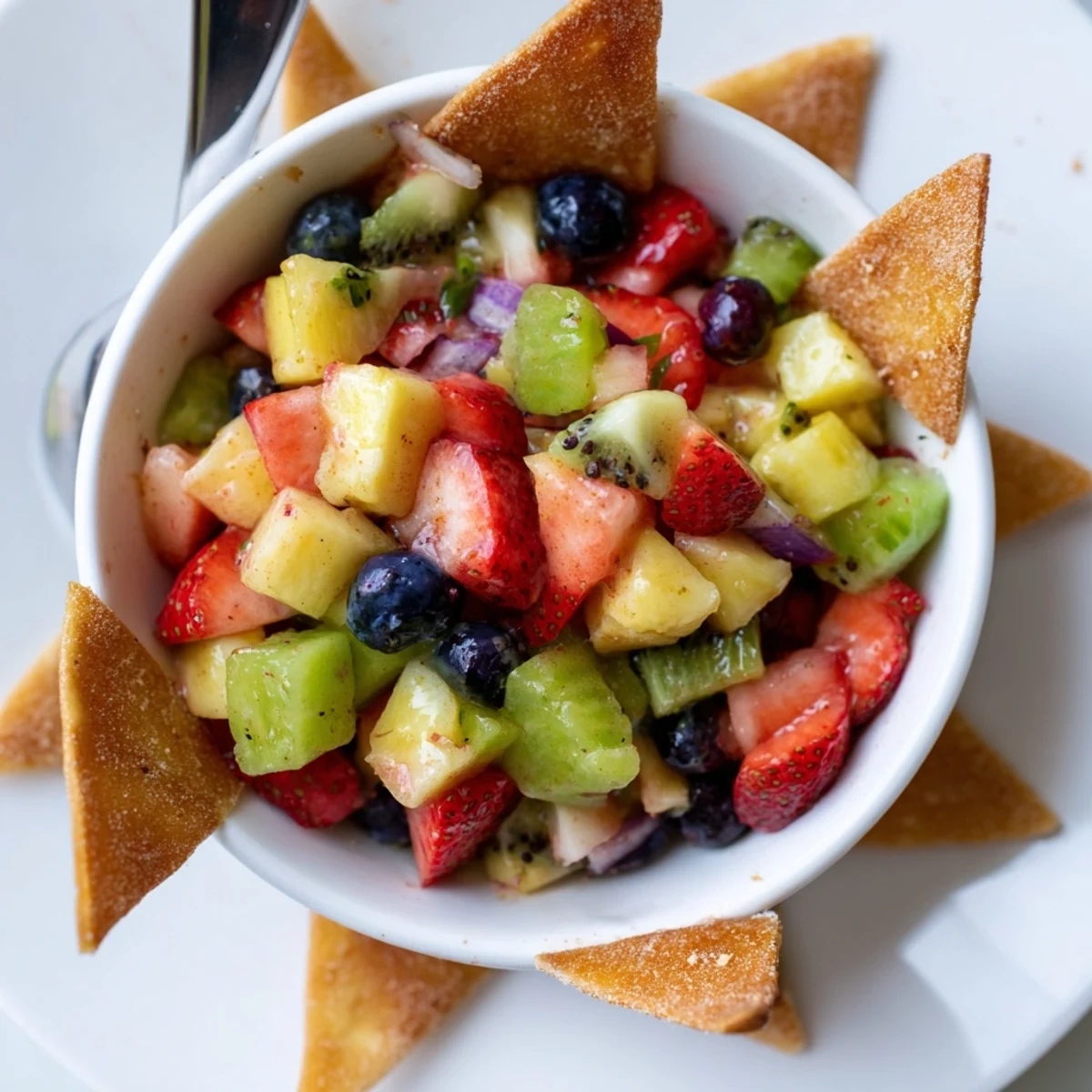 Party ready Fruit Salsa With Cinnamon Sugar Tortilla Chips served with lime and mint