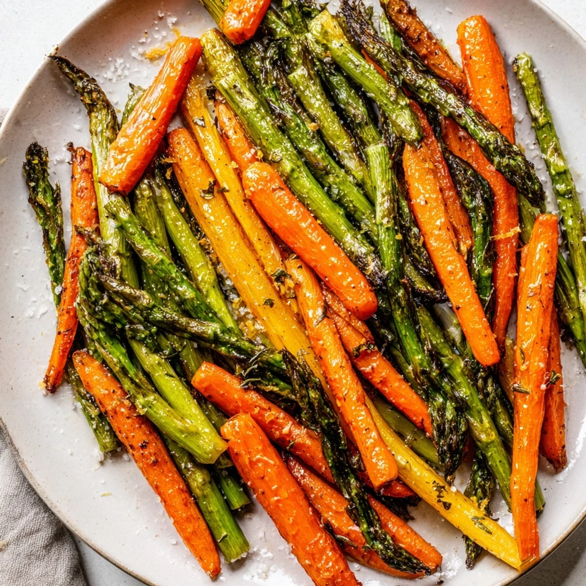 Bright Roasted Asparagus Carrots tossed in olive oil, thyme, and fresh lemon.