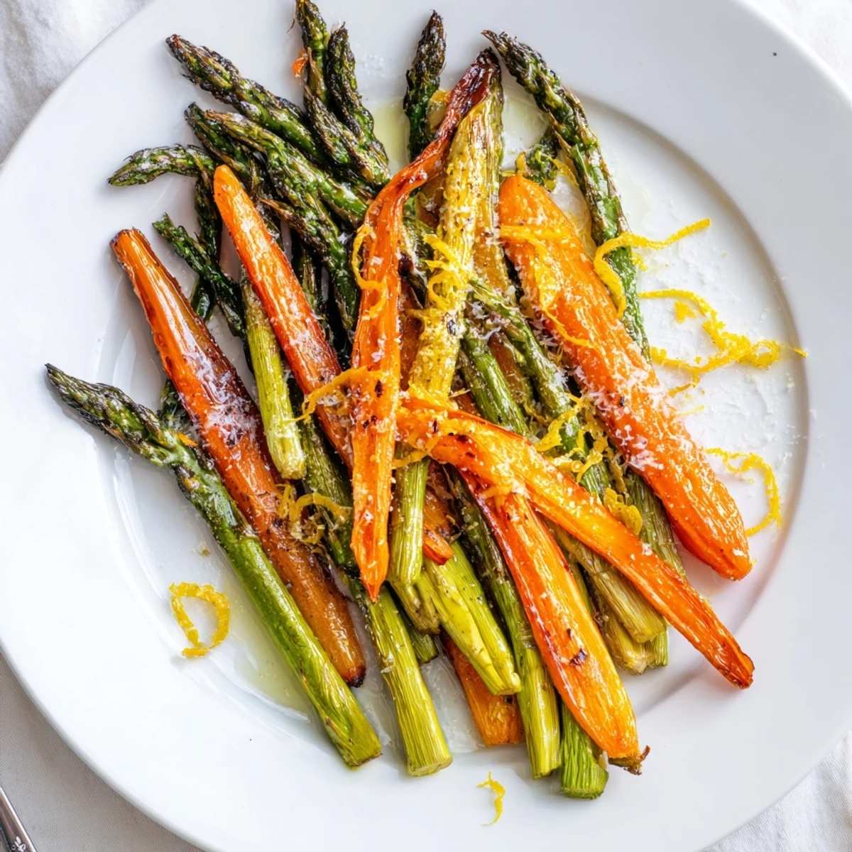Roasted Asparagus Carrots with lemon zest, golden edges, served warm alongside chicken.