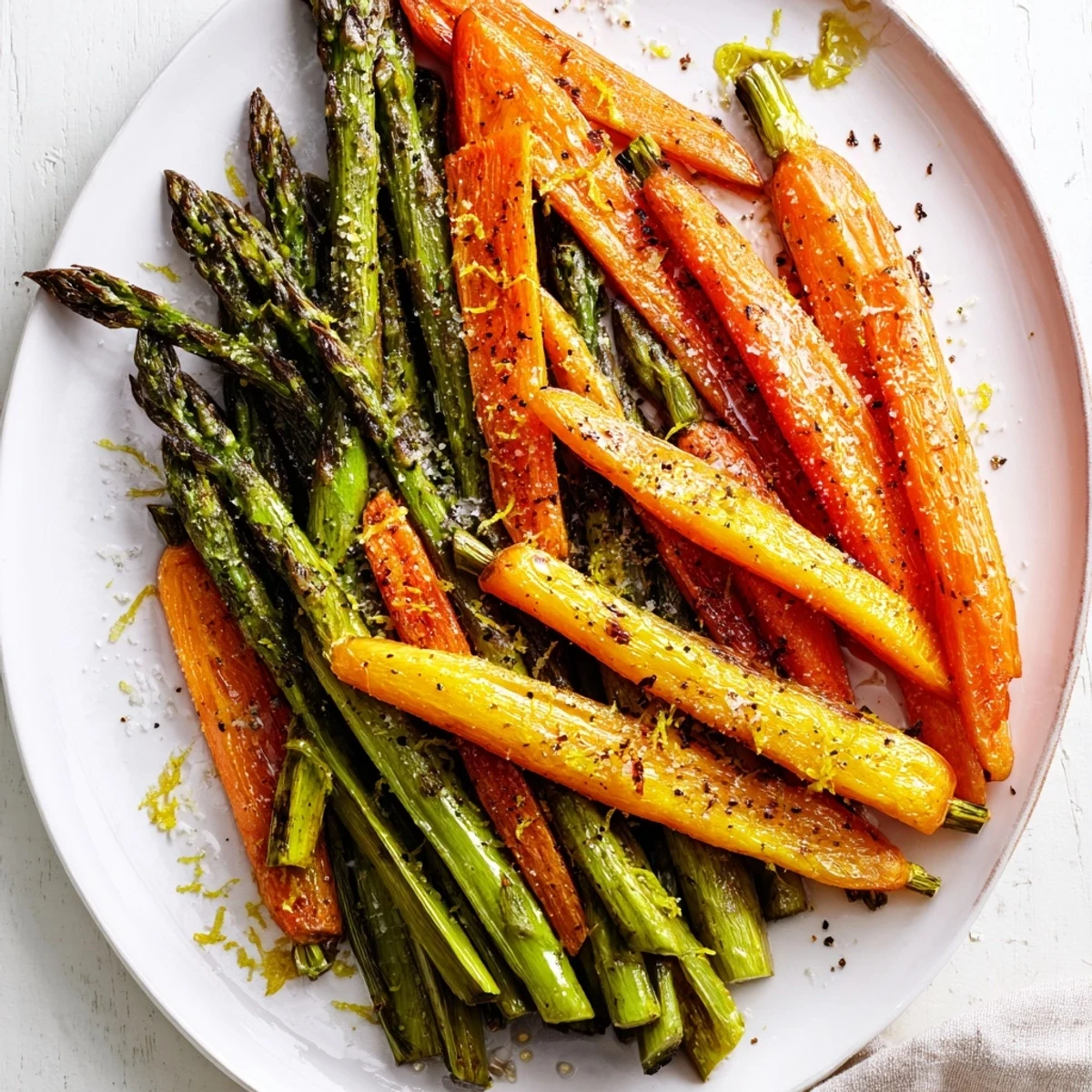 Sheet-pan Roasted Asparagus Carrots, tender spears and sweet carrot sticks, fragrant.