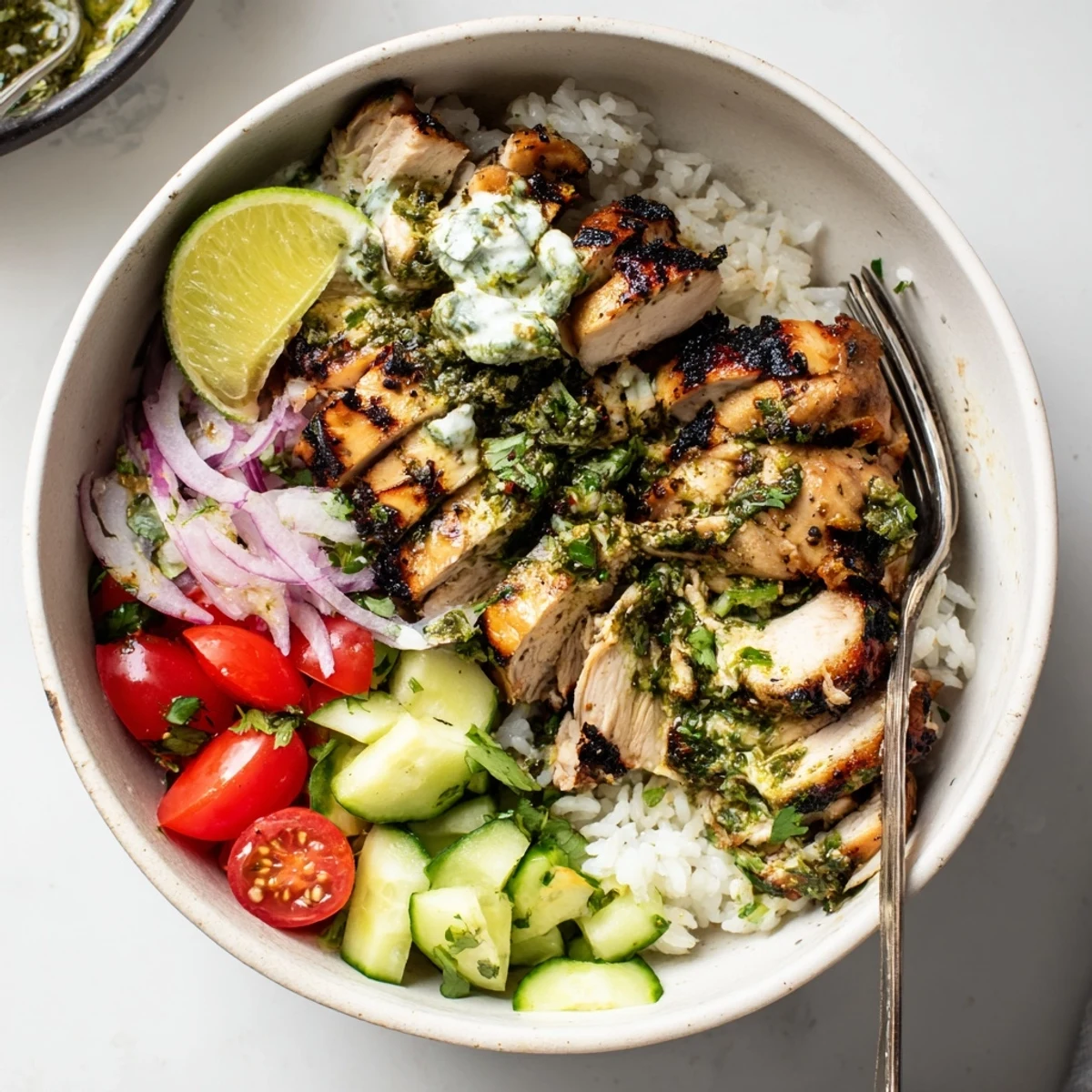 Bright avocado and lime wedges garnish a Chimichurri Grilled Chicken Bowl With Garlic Sauce