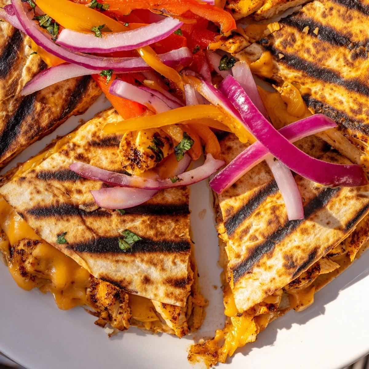 Spicy Crispy Grilled Chicken Quesadilla sizzling on skillet, melted cheese oozing