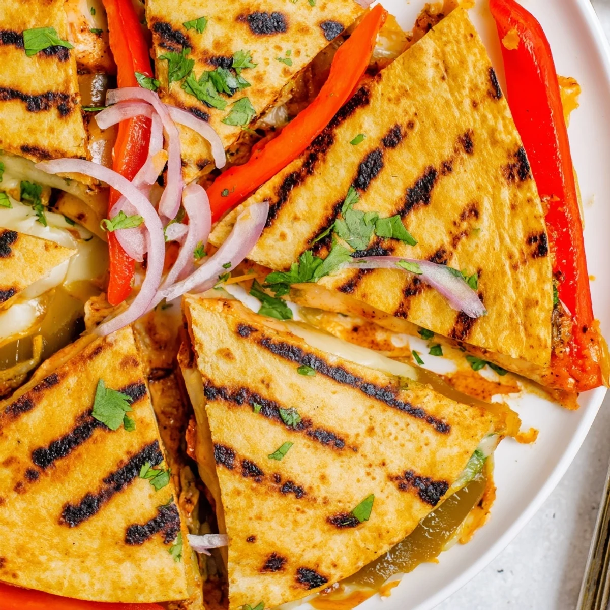 Golden, crunchy Spicy Crispy Grilled Chicken Quesadilla with salsa and guacamole