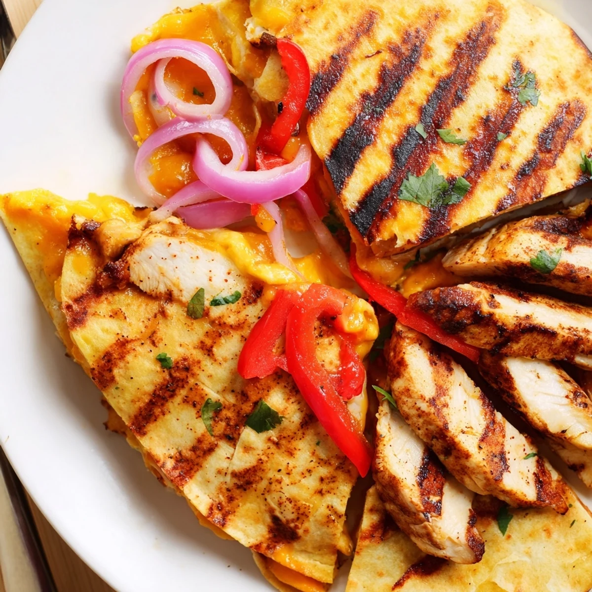 Sliced Spicy Crispy Grilled Chicken Quesadilla wedges steaming, smoky chicken, pickled jalapeños