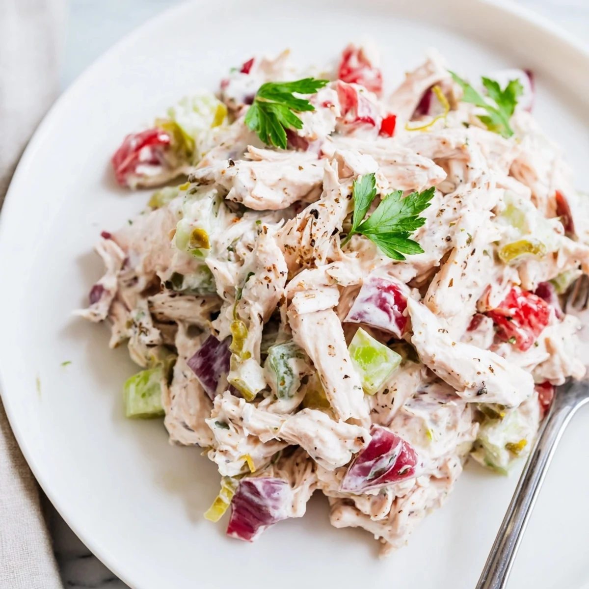 High Protein Pepperoncini Chicken Salad served over mixed greens, zesty, herb-flecked