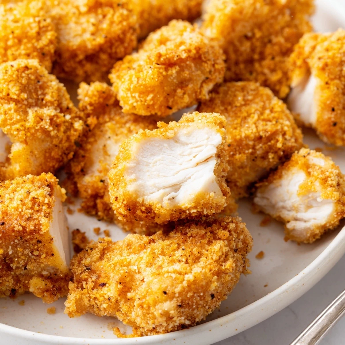 Crispy golden Chicken Bites piled on a plate, steaming and tender inside