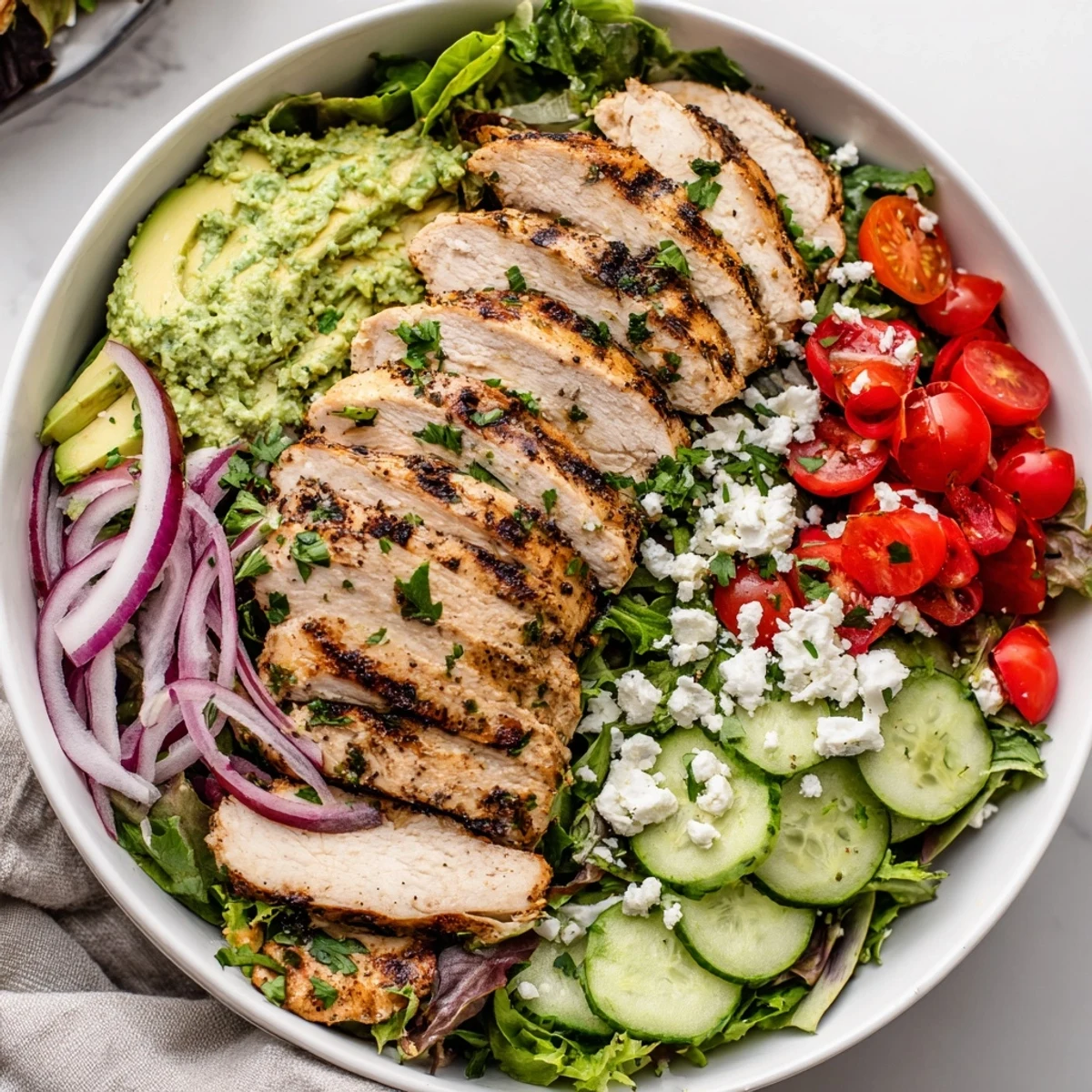 Grilled Chicken Salad Avocado Herb Dressing served with sliced warm chicken and crisp greens