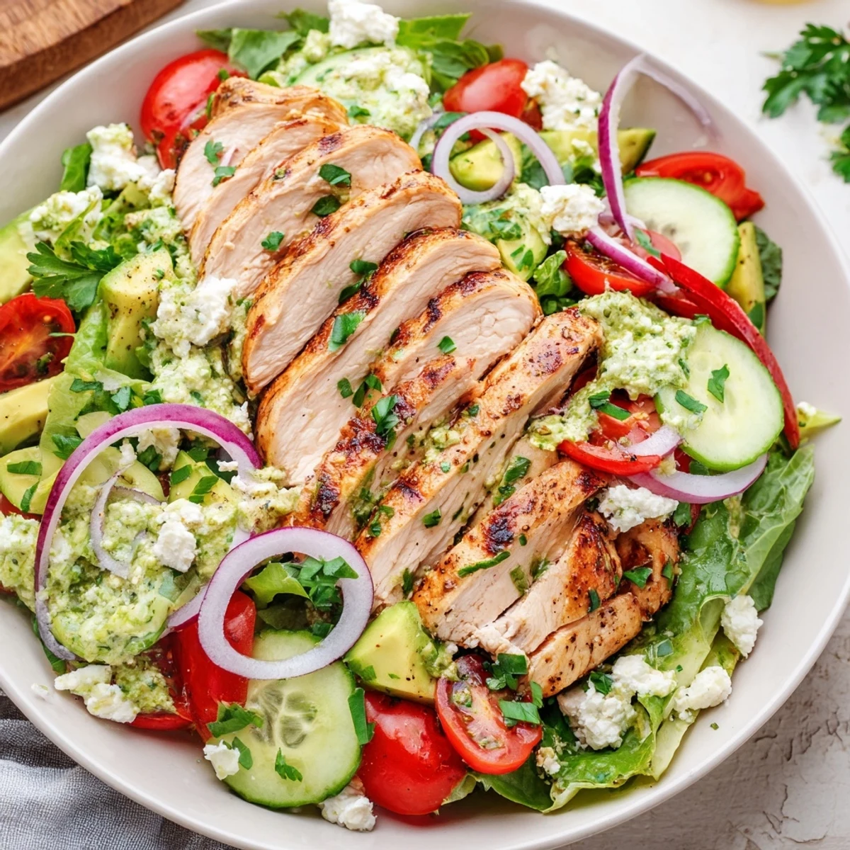 Sliced grilled chicken atop Grilled Chicken Salad Avocado Herb Dressing with crumbled feta