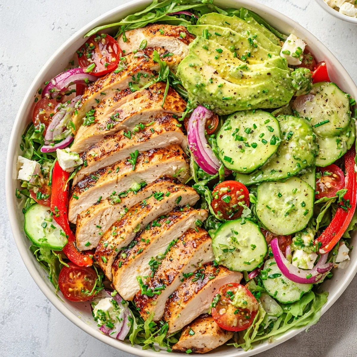 Citrusy Grilled Chicken Salad Avocado Herb Dressing on bed of chilled mixed greens