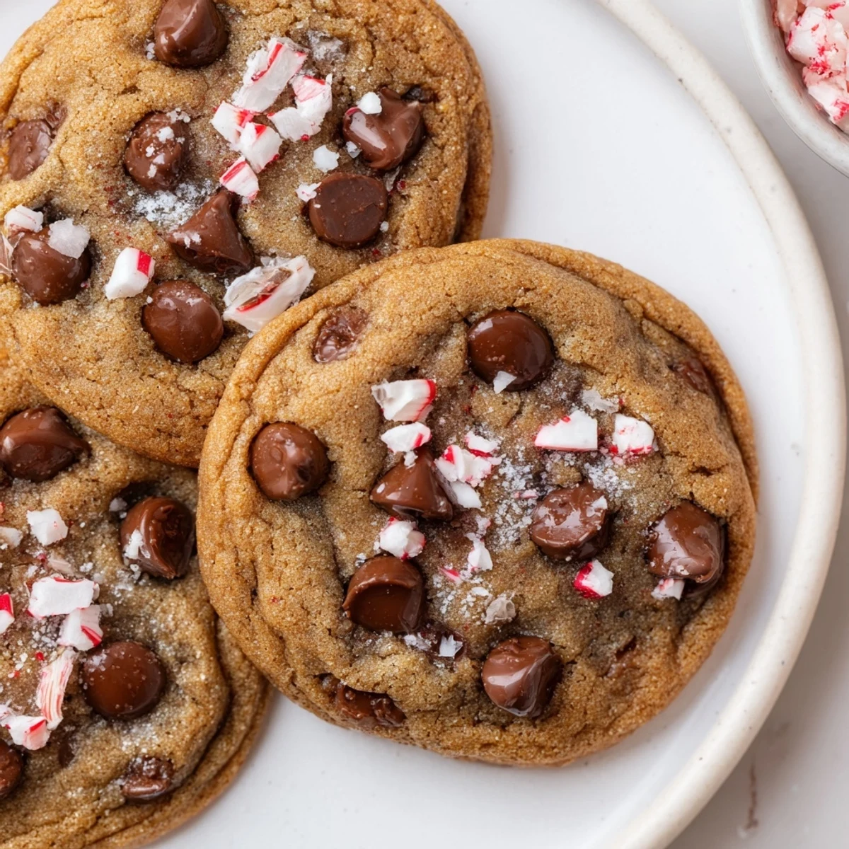 Warm Peppermint Chocolate Chip Cookies cooling on rack, speckled with crushed candy