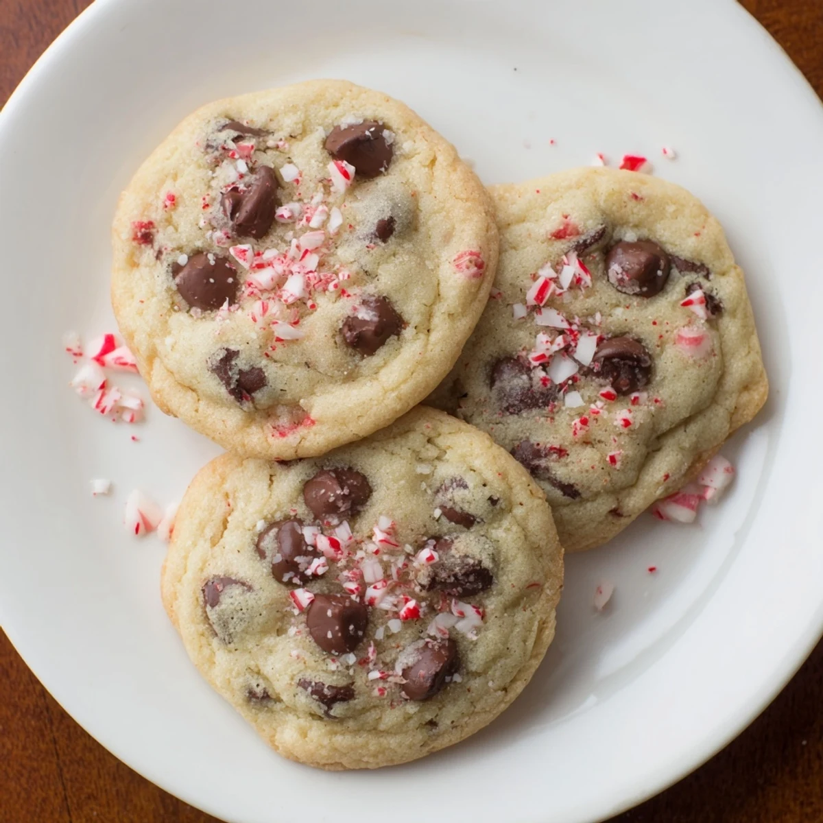 Stack of Peppermint Chocolate Chip Cookies with melty chips and minty sparkle