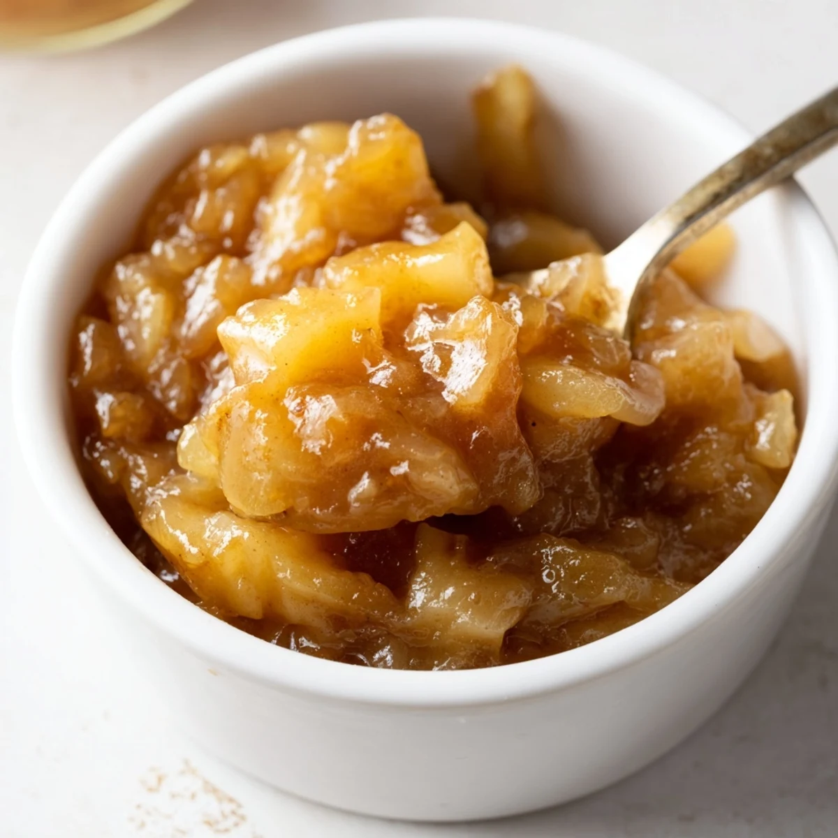 Small canning jars of Fall Caramel Apple Jam, cinnamon flecks visible