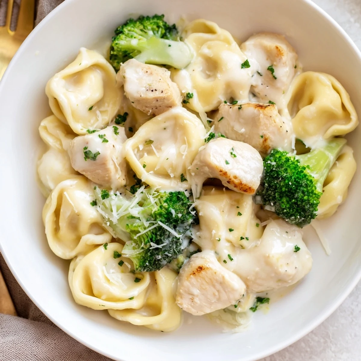 Skillet-ready Creamy Garlic Parmesan Tortellini Chicken Broccoli Recipe with silky sauce, grated Parmesan