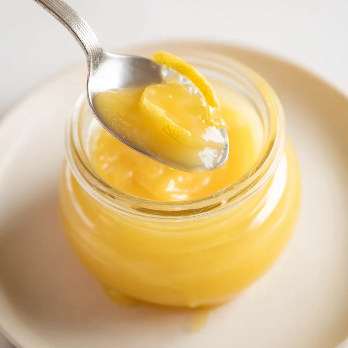 Lemon Curd Recipe in jar, glossy golden curd spooned over scones