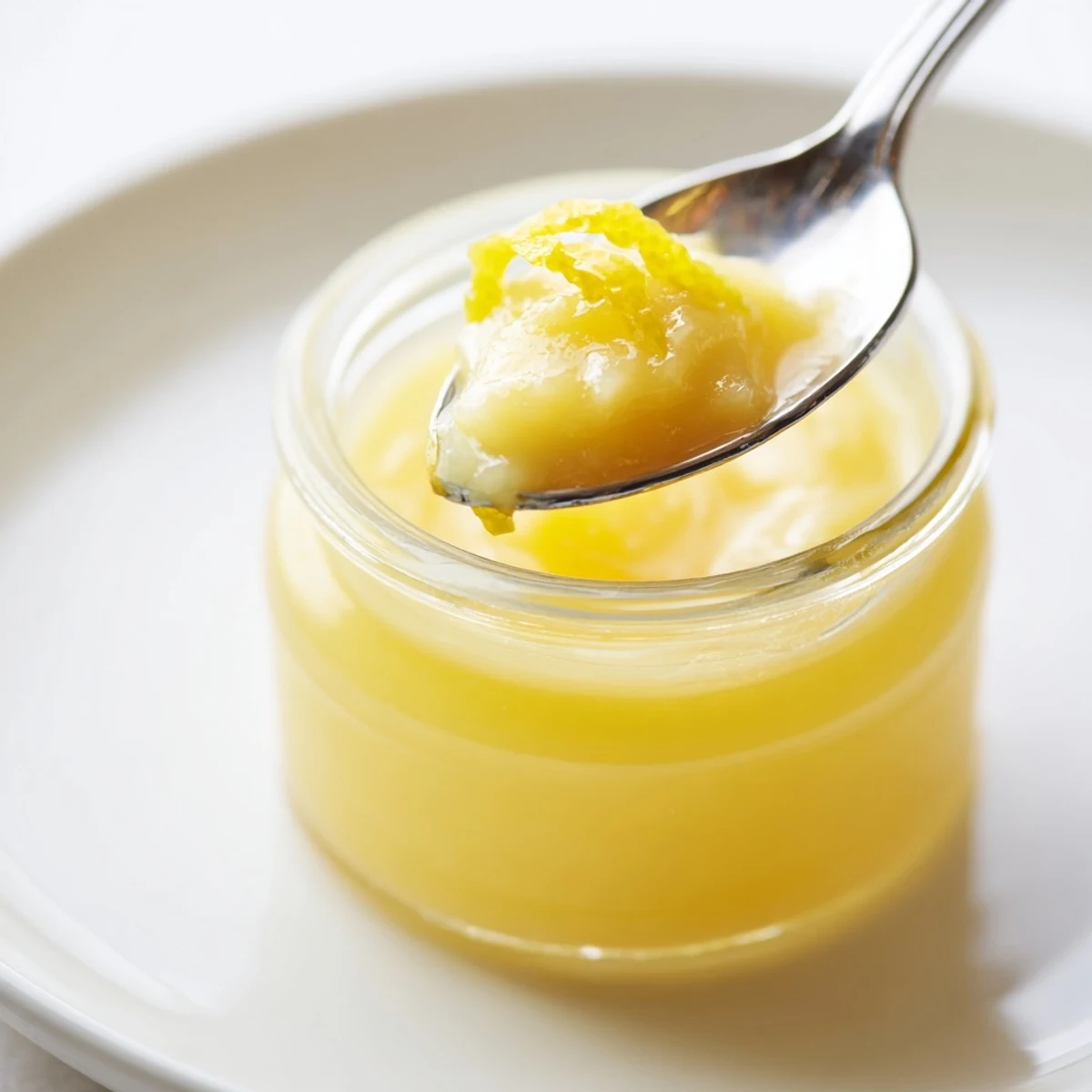 Homemade Lemon Curd Recipe cooling in jar, silky texture, lemon zest flecks